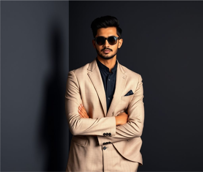 Fashion model in light suit